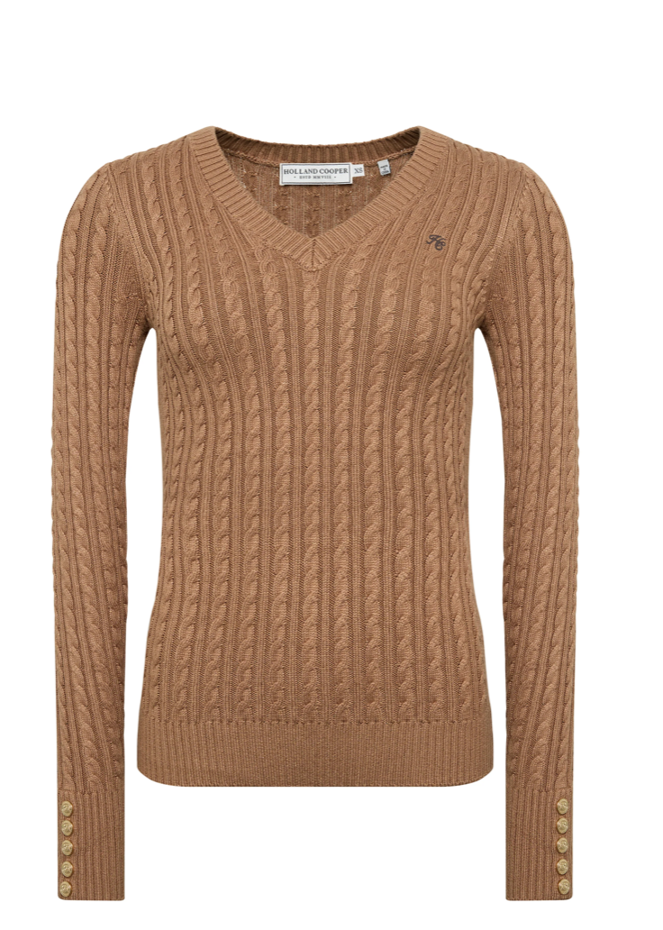 Holland Cooper | Seattle Cable V-Neck Knit Dark Camel