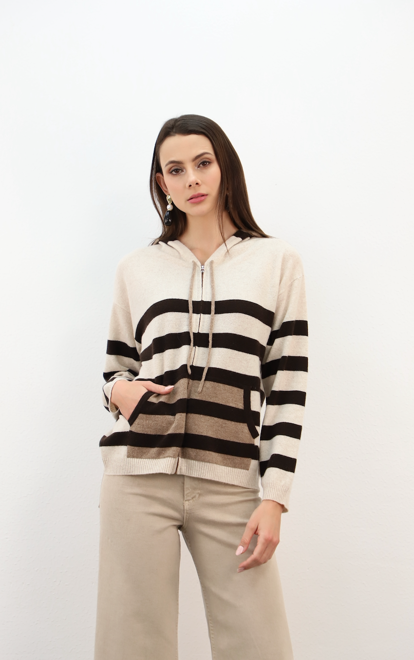 Esthème Cashmere | CKH6316C  Cashmere Hooded Jacket with Tricolour Stripes