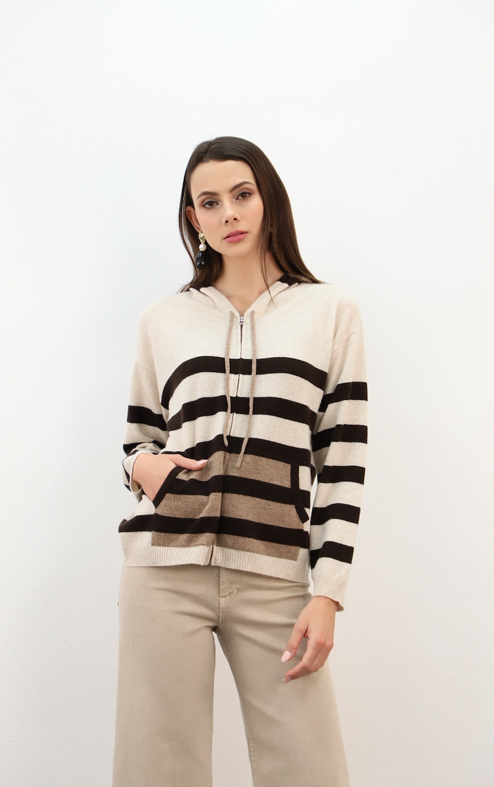 Esthème Cashmere | CKH6316C  Cashmere Hooded Jacket with Tricolour Stripes