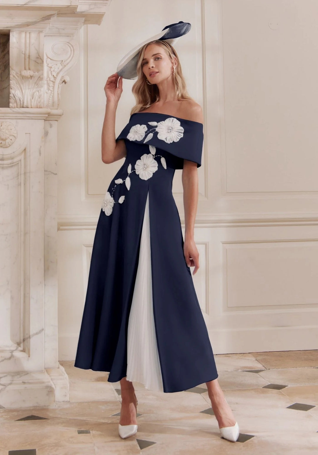 John Charles > 29358 Off Shoulder A Line Navy/Ivory