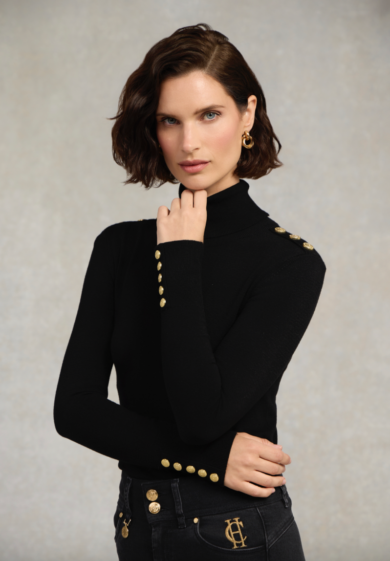 Holland Cooper | Buttoned Knit Roll Neck Black