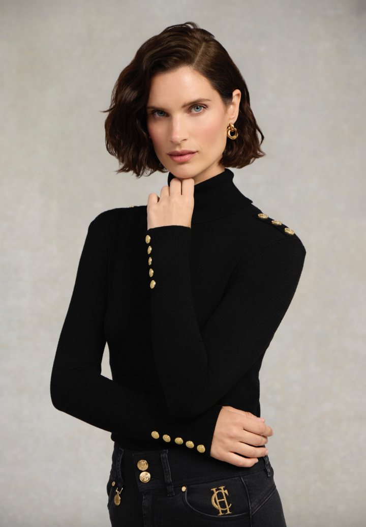 Holland Cooper | Buttoned Knit Roll Neck Black