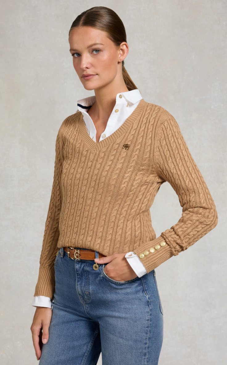 Holland Cooper | Seattle Cable V-Neck Knit Dark Camel