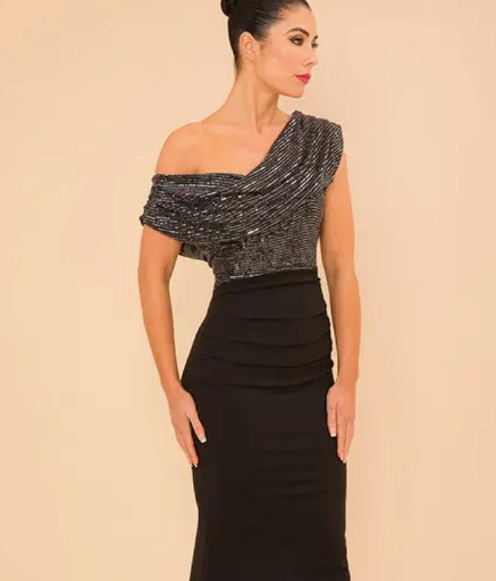 Atom \  Nitrogen Gown Gunmetal Sequin/Black