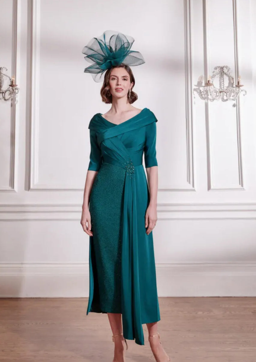 John Charles / 29289 Midi Dress Bardot Collar with Beading Forest Gree   Thirty Three Boutique